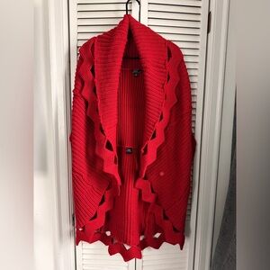 Lisa International| Women's Wool Red Open Cardigan with Scalloped Edges 1x